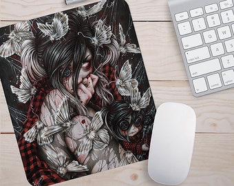 Dead Doll Mousepad / Button Eye Mousepad / Enys Guerrero / Goth Girl Mousepad / Gothic Art / Witchy Gifts /  Moth Mousepad