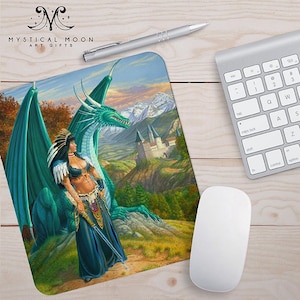 Teal Dragon Mousepad / Dungeons and Dragons / Larry Elmore / Magic Mage Gifts / Fantasy Art / Viking Queen / Shield Maiden / Warrior Woman
