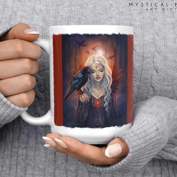 Dark Angel Mug / Drinkware / 15oz / Fantasy Art / Selina Fenech / Magical Cup / Halloween Gifts / Raven Night Queen / Crow Black Birds Poe