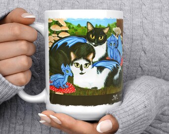 Tuxedo Cat Mug / Coffee Cup / Drinkware / 15oz / Big Eye Art / Carrie Hawks / Magical Cup / Cow Cats / Toadstool Mushrooms / Blue Dragon Pet