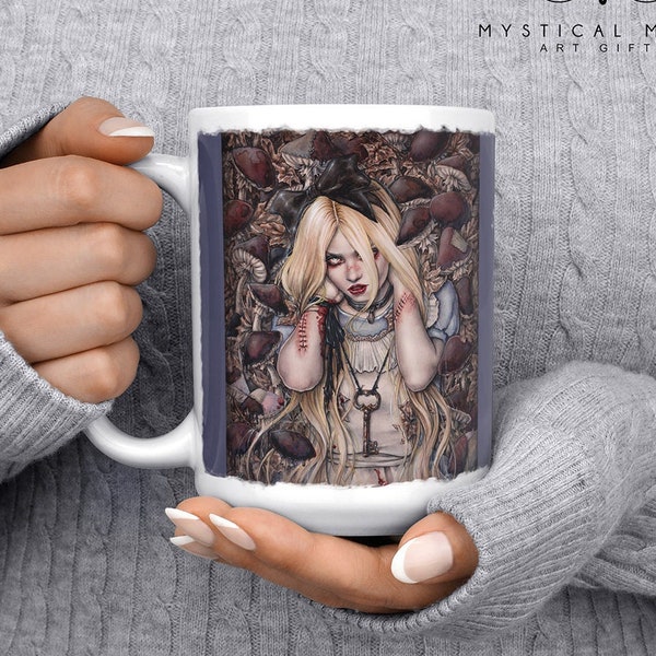 Goth Alice in Wonderland Mug / Drinkware / 15oz / Dark Fantasy Art / Enys Guerrero / Magical Cup / Magic Mushroom / Fairy Tale Lewis Carroll