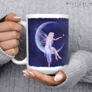 Crescent Moon Fairy Mug / Faery Drinkware / Faerie Teacup / 15 oz / Fantasy Art / Rachel Anderson / Witchy Gift / Moonchild Birth of a Star