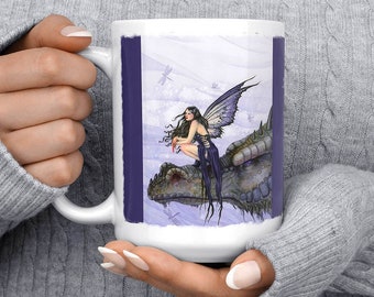 Blue Fairy Mug / Drinkware / 15oz / Fantasy Art / Selina Fenech / Magical Cup / Faerie Lover Gifts / Black Dragon Mug / Dragonflies / Faery