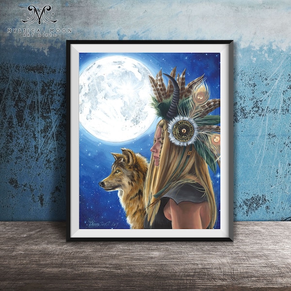 Native American Wolf Art Print / Shield Maiden / Viking Woman / Deanna Davoli / Fantasy Artwork / Full Moon Song / Moonchild / Wolf Familiar