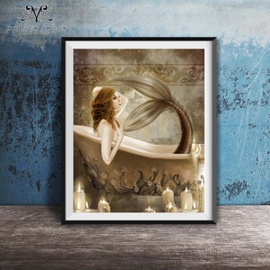 Bath Time Mermaid Art Print / Fantasy Artwork / Selina Fenech / Romantic Wall Decor / Siren of the Sea / Clawfoot Tub Candles / Tropical