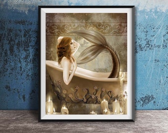 Bath Time Mermaid Art Print / Fantasy Artwork / Selina Fenech / Romantic Wall Decor / Siren of the Sea / Clawfoot Tub Candles / Tropical