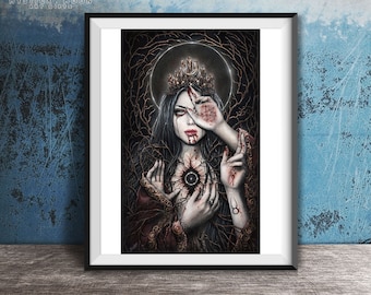 The High Priestess Art Print / Dark Fantasy Art / Enys Guerrero / Gothic Artwork / Wall Decor / 78 Tarot Artwork / Pentagram / Vampire Queen