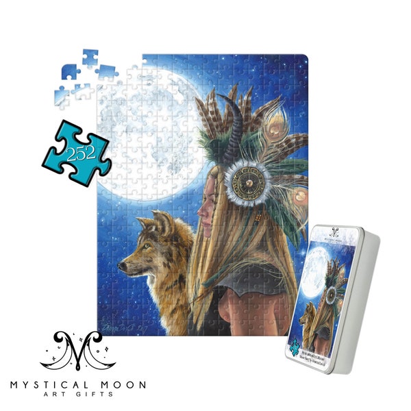 Native American Puzzle / 252 Piece Jigsaw Puzzle / Deanna Davoli / Full Moon / Viking Warrior / Wolf Art Gifts / Moonchild / Shield Maiden