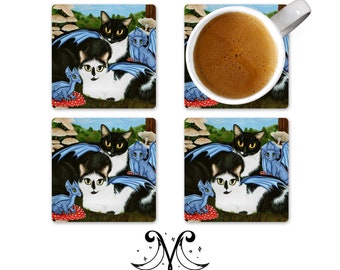 Cat Coaster / Set of 4 Coasters / Dragon Coasters / Toadstool Coasters / Tuxedo Cat Coasters / Fabric Coasters