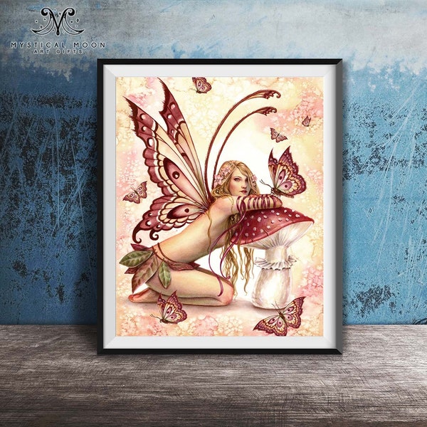 Toadstool Mushroom Fairy Art Print / Fantasy Artwork / Selina Fenech / Hippie Wall Decor / Wild Faerie / Little Faery / Pink Butterflies