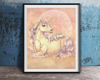 Pink Unicorn Art Print / Fantasy Artwork / Selina Fenech / Hippie Wall Decor / White Kittens / Cat Lovers Gifts / Magical Woodland Creatures