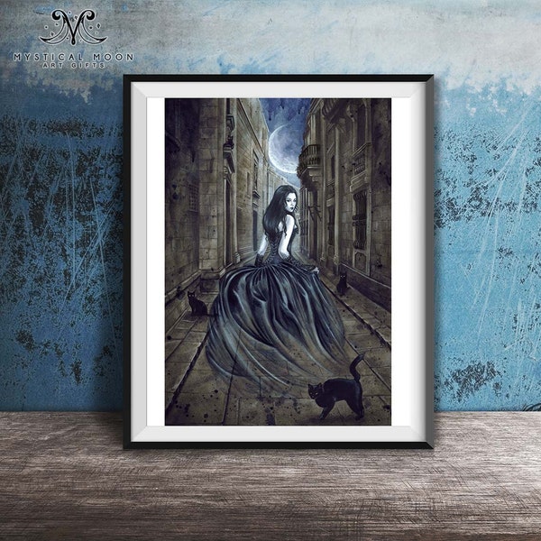 Ghost Art Print / Dark Fantasy Artwork / Selina Fenech / Gothic Wall Decor / Black Cat / Witchy Gifts / Halloween / Moon Child Night Spirit