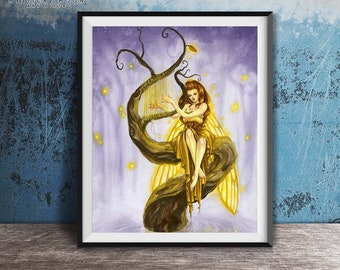 Firefly Fairy Art Print / Fantasy Artwork / Selina Fenech / Hippie Wall Decor / Magic Harp / Music Faerie / Fire Fly Faery / Magical Tree