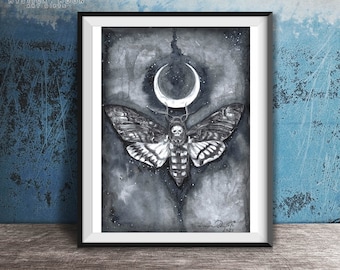 Death Moth Art Print / Moonphase Moths / Deanna Davoli / Insects / Moonchild / Crescent Moon / Gothic Witchy Gifts / Skull Moth Artwork