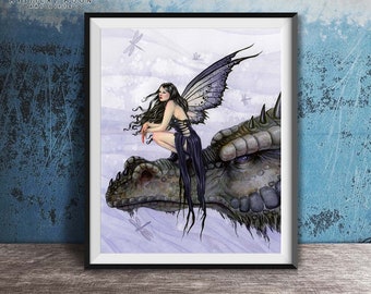 Black Dragon Fairy Art Print / Fantasy Artwork / Selina Fenech / Whimsical Wall Decor / Dragonflies / Faerie Lover Gifts / Mother of Dragons