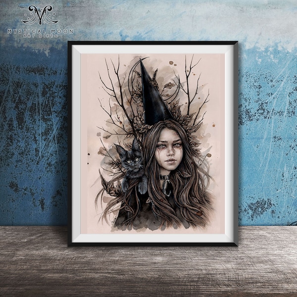 Little Witch Art Print / Dark Fantasy Artwork / Enys Guerrero / Gothic Wall Decor / Black Cat Familiar / Halloween / Wiccan / Witchy Gifts