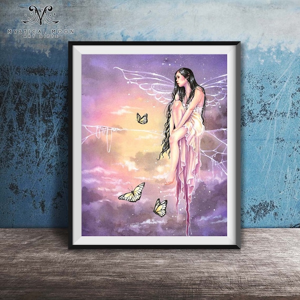 Pink Fairy Art Print / Fantasy Artwork / Selina Fenech / Hippie Wall Decor / Magical Faerie Creature / Monarch Butterflies Sunset / Princess