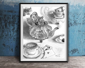 Dormouse Art Print / Alice in Wonderland Artwork / Deanna Davoli / Teapot / Lewis Carroll / Gothic Fairy Tales / Tea Party / Doormouse