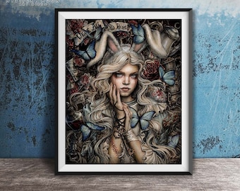 Alice in Wonderland Art Print / Dark Fantasy Art / Enys Guerrero / Gothic Artwork / Wall Decor / We&#39;re All Mad Here / Tea Party / Goth Girl