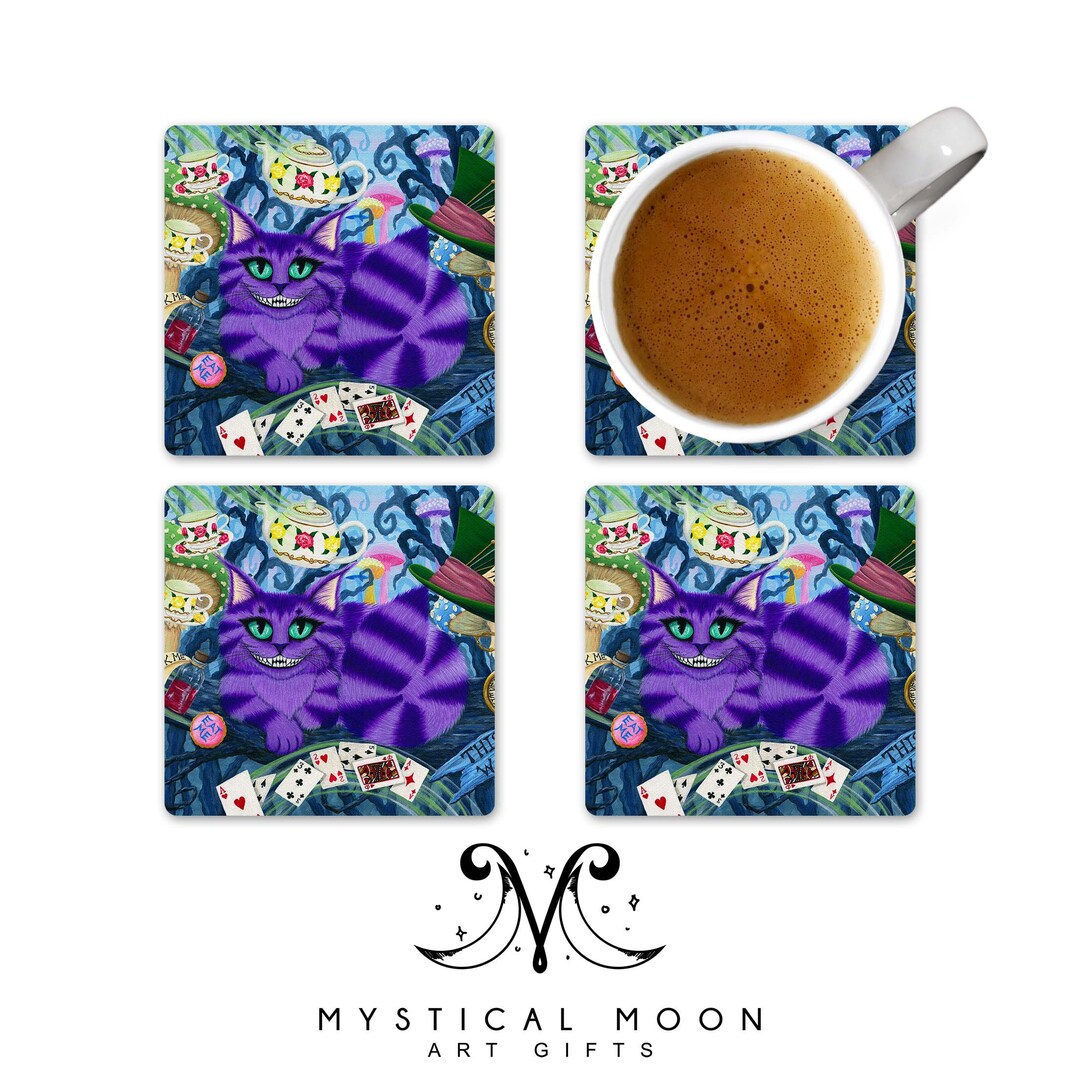 Cheshire Cat Coaster / Set of 4 Coasters / Cat Coasters / Alice in Wonderland Coasters / Fabric