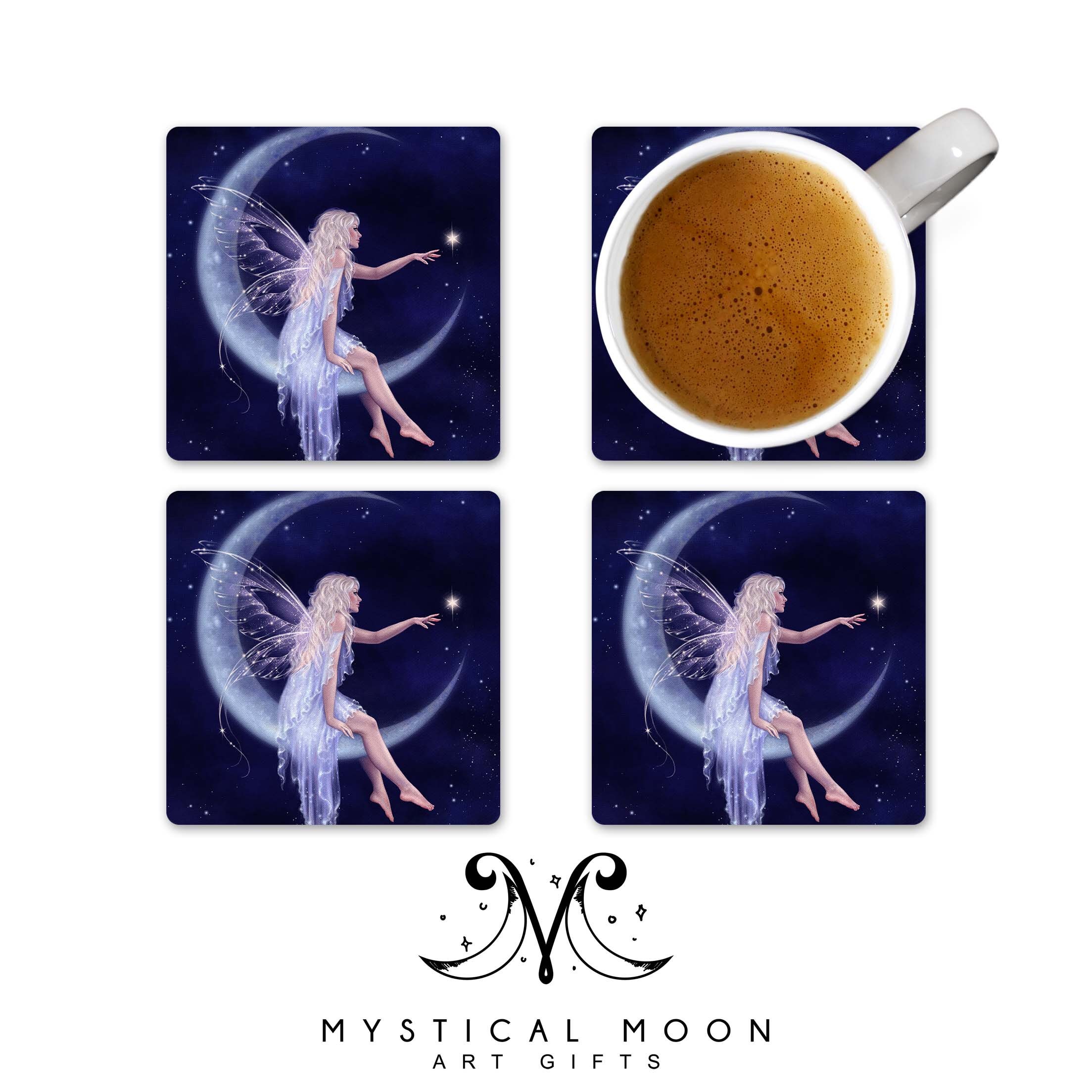 Moon Fairy Coaster / Set of 4 Coasters / Fantasy Art Coasters Etsy Norway