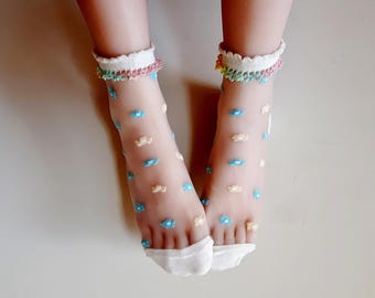 Blue Sheer Ankle Socks, Rainbow Crochet Trim, Floral Anklet (OSFA)