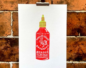 Sriracha | Scharfe Soße | Zweifarbiger Siebdruck | A5 Recyclingpapier