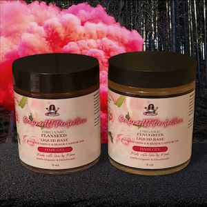 May include: Two 8 ounce jars of hair gel, one labeled "Organic Flaxseed Liquid Base" and the other labeled "Organic Fenugreek Liquid Base". Both jars are labeled "Confined Perfection" and have a black lid.