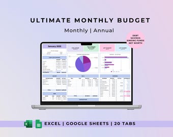 May include: A laptop screen displaying a spreadsheet with the title "Ultimate Monthly Budget" and the text "January 2025". The spreadsheet includes sections for income, expenses, bills, and debt. The spreadsheet is designed for use with Excel or Google Sheets and has 20 tabs.