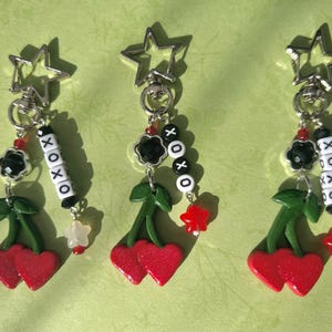 Cherry Clay Cute Keychains | Handmade Aesthetic Cool Keychains | Beaded Cherry Charm Keychains