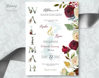 Weinrote Walima Einladung, Muslimische Hochzeitseinladung, Islamische Hochzeitseinladung, Valima Einladungsvorlage, Walimah Einladung, Valimah