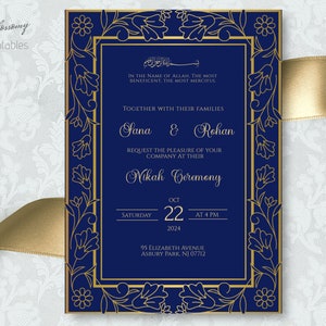 Islamic Wedding Invitation, Walimah Invitation Blue Gold, Traditional Muslim Wedding Invitation, Nikkah Invite Template, Islamic Evite