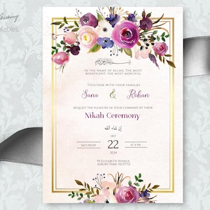 Nikah Invitation, Walima invitation, Muslim Wedding Invitation, Islamic Wedding Invitation, Nikkah Invite Template Purple Plum Eggplant