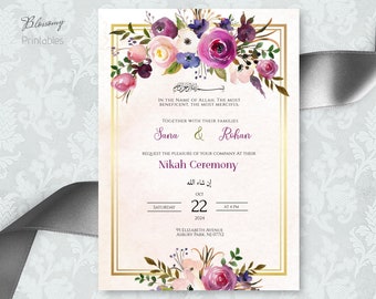 Puede incluir: Una invitación de boda floral rosa y morada con detalles dorados. La invitación presenta el texto "Sana & Rohan" y "Ceremonia Nikah" con la fecha y la hora del evento. La invitación está decorada con flores y hojas de acuarela.