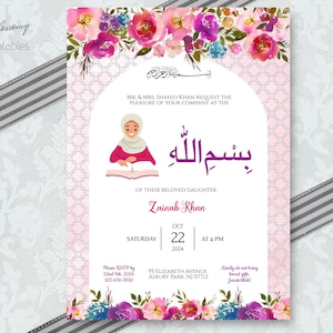 May include: A pink and white floral invitation with a decorative border. The invitation is for a celebration of Zainab Khan. The text on the invitation reads "Bismillah" and "Zainab Khan". The date of the celebration is 22nd October 2024, at 4 PM.