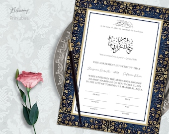 Certificado Nikah editable Oro Azul Marino, Contrato Nikkah Musulmán, Contrato Nikah Digital, Nikahnama, Certificado de Boda Islámica