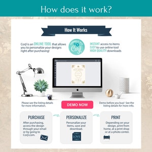 May include: A computer screen shows a design template for a wedding invitation. The text on the screen says "Wedding Ceremony". The image shows the steps for using a digital design tool to personalize and print wedding invitations. The text on the image says "Corjl is an ONLINE TOOL that allows you to personalize your designs right after purchasing!" and "DEMO NOW".