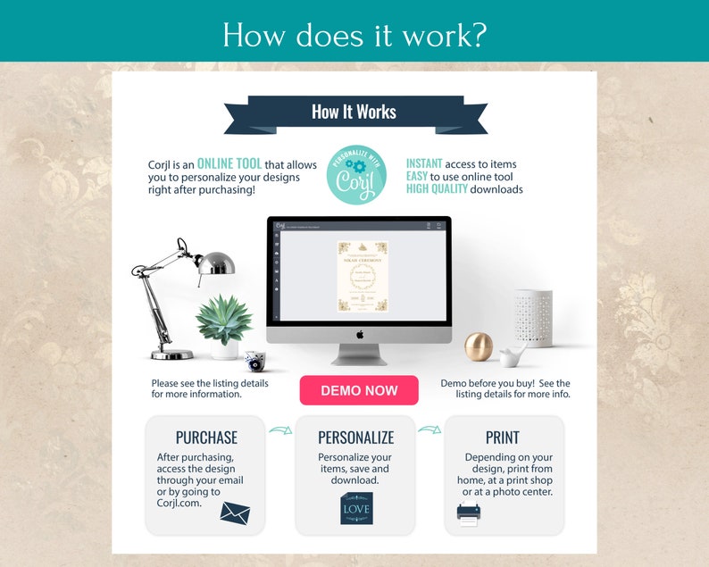 May include: A computer screen shows a design template for a wedding invitation. The text on the screen says "Wedding Ceremony". The image shows the steps for using a digital design tool to personalize and print wedding invitations. The text on the image says "Corjl is an ONLINE TOOL that allows you to personalize your designs right after purchasing!" and "DEMO NOW".
