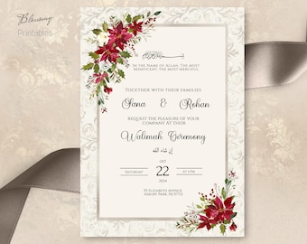 May include: A white wedding invitation with a floral border. The invitation is for Sana and Rohan's Walimah Ceremony on October 22, 2024, at 4 PM. The address is 95 Elizabeth Avenue, Asbury Park, NJ 07712.