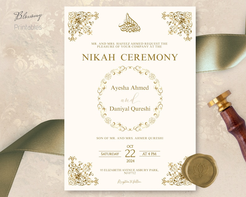 May include: Gold and white wedding invitation with ornate floral designs. The invitation announces the Nikah Ceremony of Ayesha Ahmed and Daniyal Qureshi on Saturday, October 22, 2024 at 4 PM. The ceremony will be held at 95 Elizabeth Avenue Asbury Park, NJ 07712.