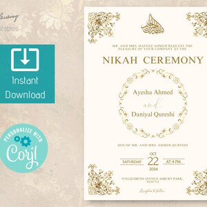 May include: Gold and white wedding invitation with ornate floral designs. The invitation announces a Nikah ceremony for Ayesha Ahmed and Daniyal Qureshi on Saturday, October 22, 2024 at 4 PM. The ceremony will be held at 95 Elizabeth Avenue Asbury Park, NJ 07712.