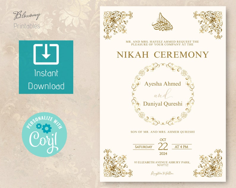 May include: Gold and white wedding invitation with ornate floral designs. The invitation announces a Nikah ceremony for Ayesha Ahmed and Daniyal Qureshi on Saturday, October 22, 2024 at 4 PM. The ceremony will be held at 95 Elizabeth Avenue Asbury Park, NJ 07712.