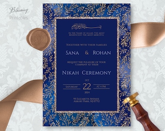 Editable Islamic Wedding Invitation, Nikah Invitation Blue Purple Gold, Muslim Wedding Invitation, Nikkah Invite Template, Walima Invitation