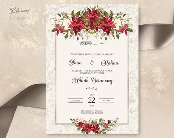 Nikah Invitation Cream Red Green, Muslim Wedding Invitation, Islamic Wedding Invitation, Nikkah Invite Template, Pakistani Indian Wedding
