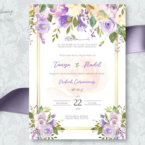 Nikah Invitation Purple, Muslim Wedding Invitation, Islamic Wedding Invitation, Nikkah Invite Template, Lilac nikkah, Lavender Nikah invite