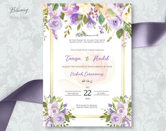 Nikah Invitation Purple, Muslim Wedding Invitation, Islamic Wedding Invitation, Nikkah Invite Template, Lilac nikkah, Lavender Nikah invite