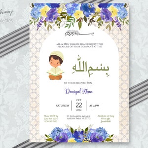 Bismillah Invitation Boy, Blue Bismillah Invite Card, Muslim Kids Invite, Muslim Bismillah Invitation, Islamic Beginning of Quran Invite