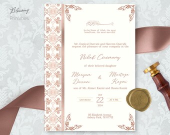 Invitación de boda islámica editable, Invitación Nikah Oro rosa, Invitación de boda musulmana, Plantilla de invitación Nikkah, Evite islámico