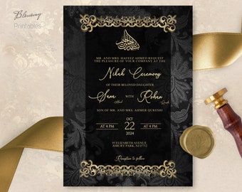 Editable Walima Invitation, Islamic Wedding Invitation, Baraat Invitation, Islamic Evite, Nikah Invitation Black Gold, Muslim Wedding Invite
