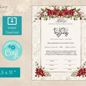 May include: A printable Islamic wedding certificate with a white background and red floral borders. The text reads "This agreement is to certify that Shayaan Qureshi and Sabrina Khan were united in the auspicious bond of Islamic marriage on September 17, 2028 in the city of Toronto at Masjid Al-Aqsa."